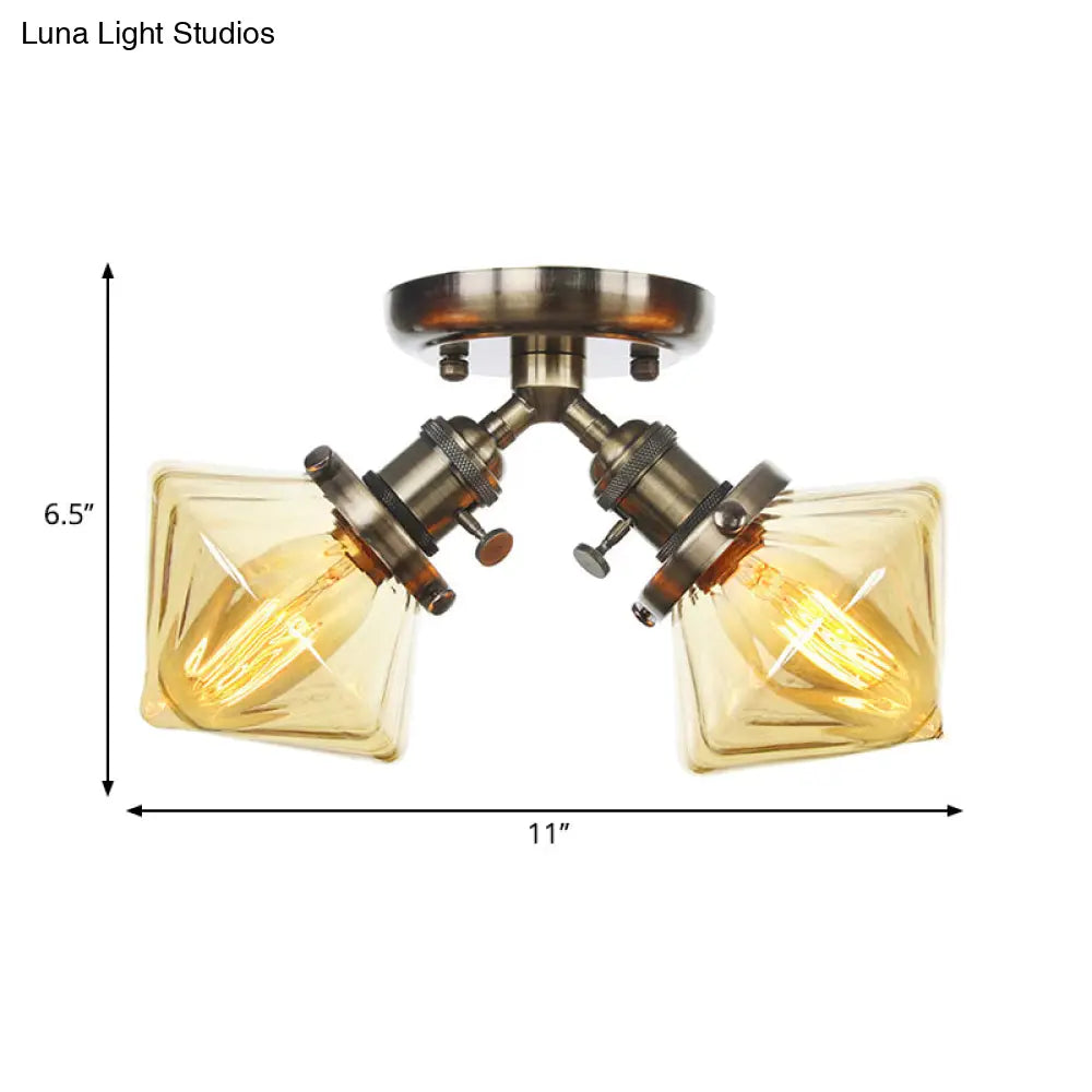 Diamond Amber/Clear Glass Semi Mount Farmhouse Light Fixture - 2 - Light Flush Black/Bronze Design