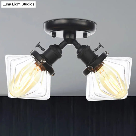 Diamond Amber/Clear Glass Semi Mount Farmhouse Light Fixture - 2-Light Flush Black/Bronze Design