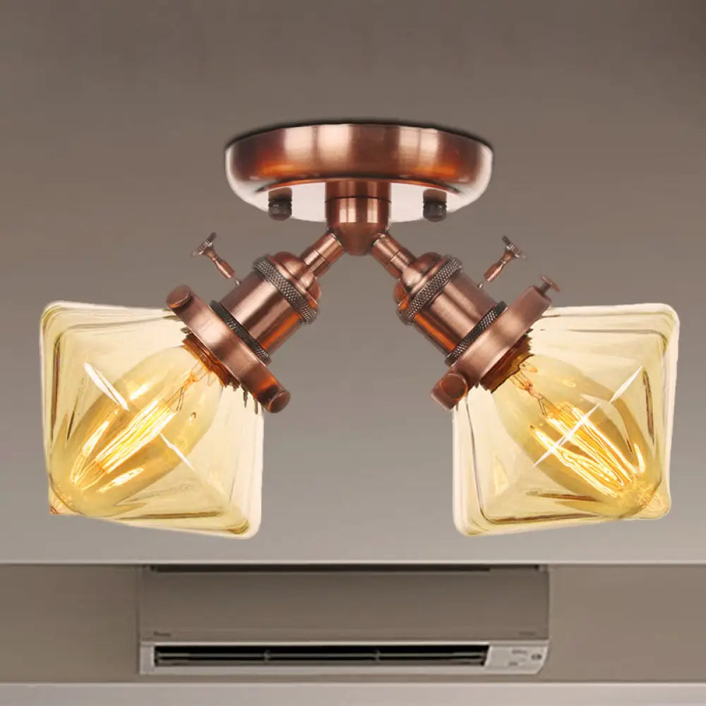 Diamond Amber/Clear Glass Semi Mount Farmhouse Light Fixture - 2 - Light Flush Black/Bronze Design