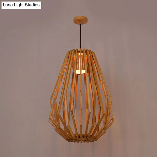 Diamond Cafe Pendant Light - Asian Style Wood Suspension 1 Head Beige