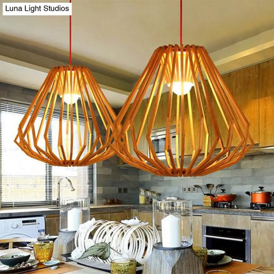 Asian Style Wood Pendant Light With Diamond Café Design - 1 Head Beige Suspension For Dining Room /