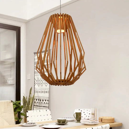 Diamond Cafe Pendant Light - Asian Style Wood Suspension 1 Head Beige / 16’