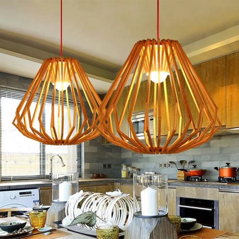 Diamond Cafe Pendant Light - Asian Style Wood Suspension 1 Head Beige / 20.5’