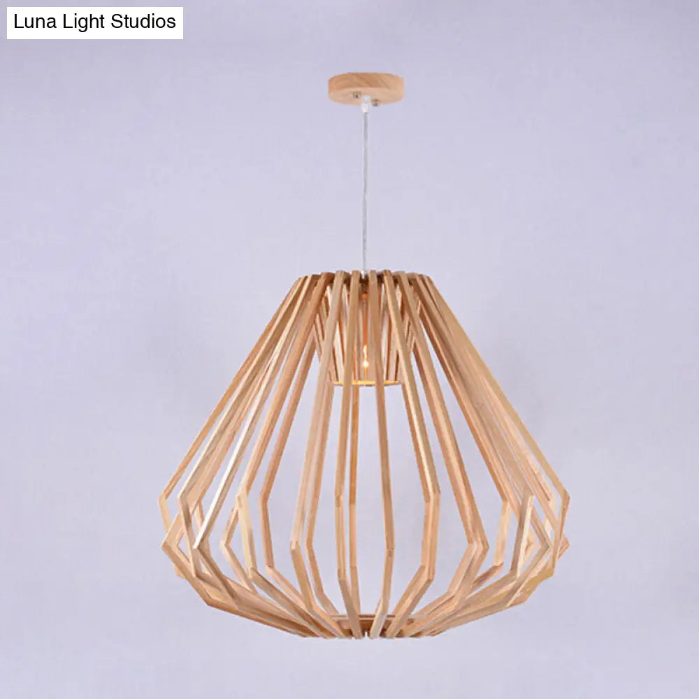 Asian Style Wood Pendant Light With Diamond Café Design - 1 Head Beige Suspension For Dining Room