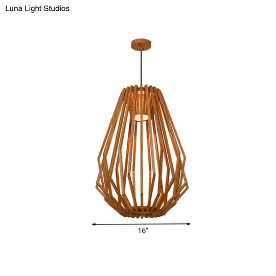 Diamond Cafe Pendant Light - Asian Style Wood Suspension 1 Head Beige