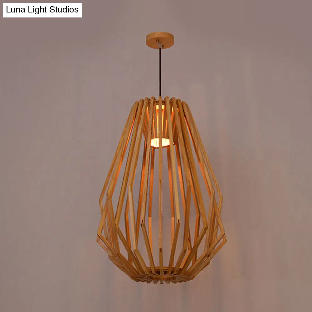 Asian Style Wood Pendant Light With Diamond Café Design - 1 Head Beige Suspension For Dining Room