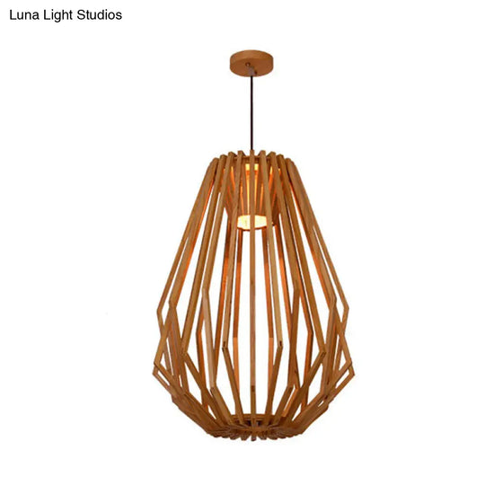 Diamond Cafe Pendant Light - Asian Style Wood Suspension 1 Head Beige