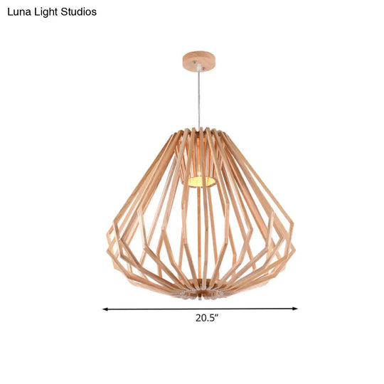 Asian Style Wood Pendant Light With Diamond Café Design - 1 Head Beige Suspension For Dining Room