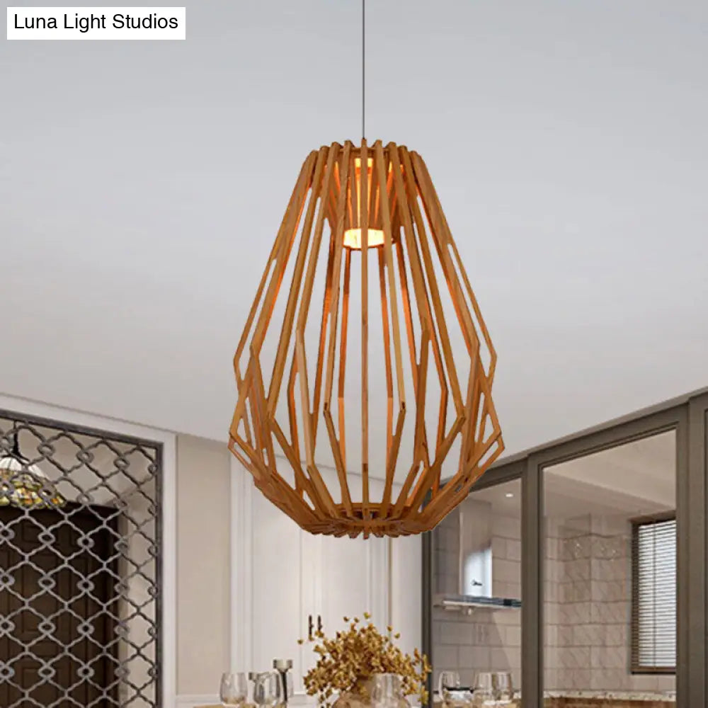 Asian Style Wood Pendant Light With Diamond Café Design - 1 Head Beige Suspension For Dining Room