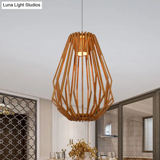 Asian Style Wood Pendant Light With Diamond Café Design - 1 Head Beige Suspension For Dining Room