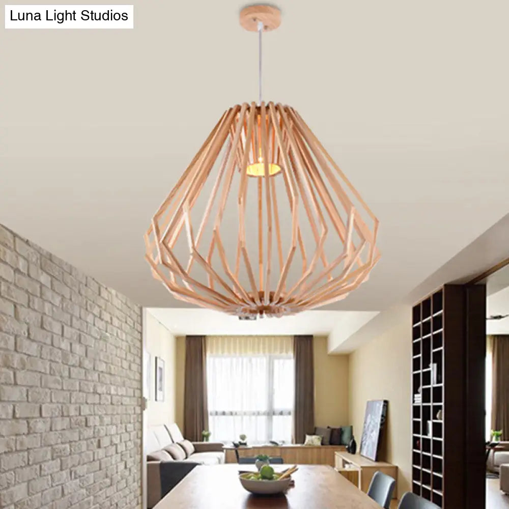 Asian Style Wood Pendant Light With Diamond Café Design - 1 Head Beige Suspension For Dining Room