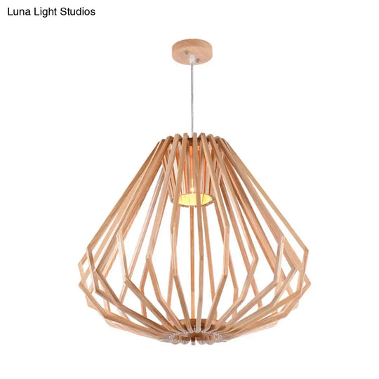 Asian Style Wood Pendant Light With Diamond Café Design - 1 Head Beige Suspension For Dining Room