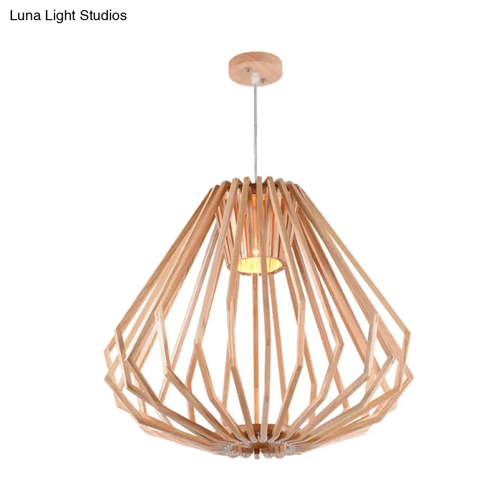 Diamond Cafe Pendant Light - Asian Style Wood Suspension 1 Head Beige