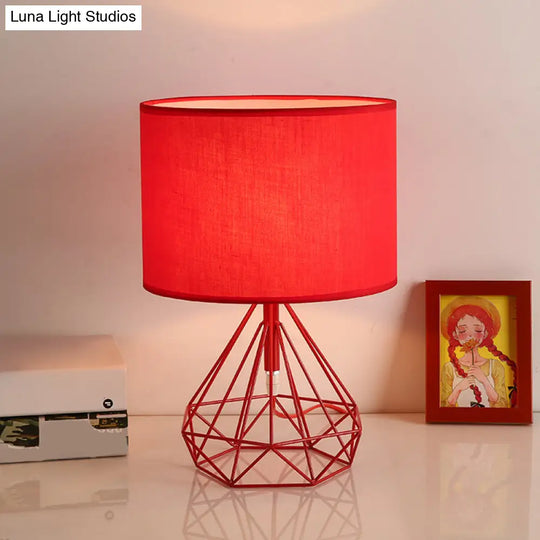 Diamond Cage Bedside Table Lamp - Metallic Finish Minimalist Design And Drum Fabric Shade