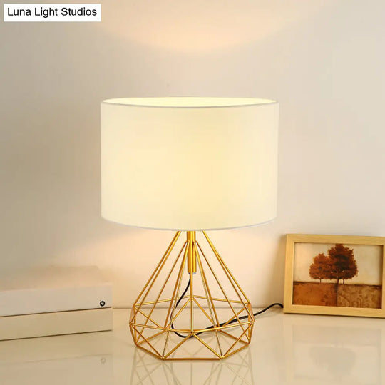 Diamond Cage Bedside Table Lamp - Metallic Finish Minimalist Design And Drum Fabric Shade