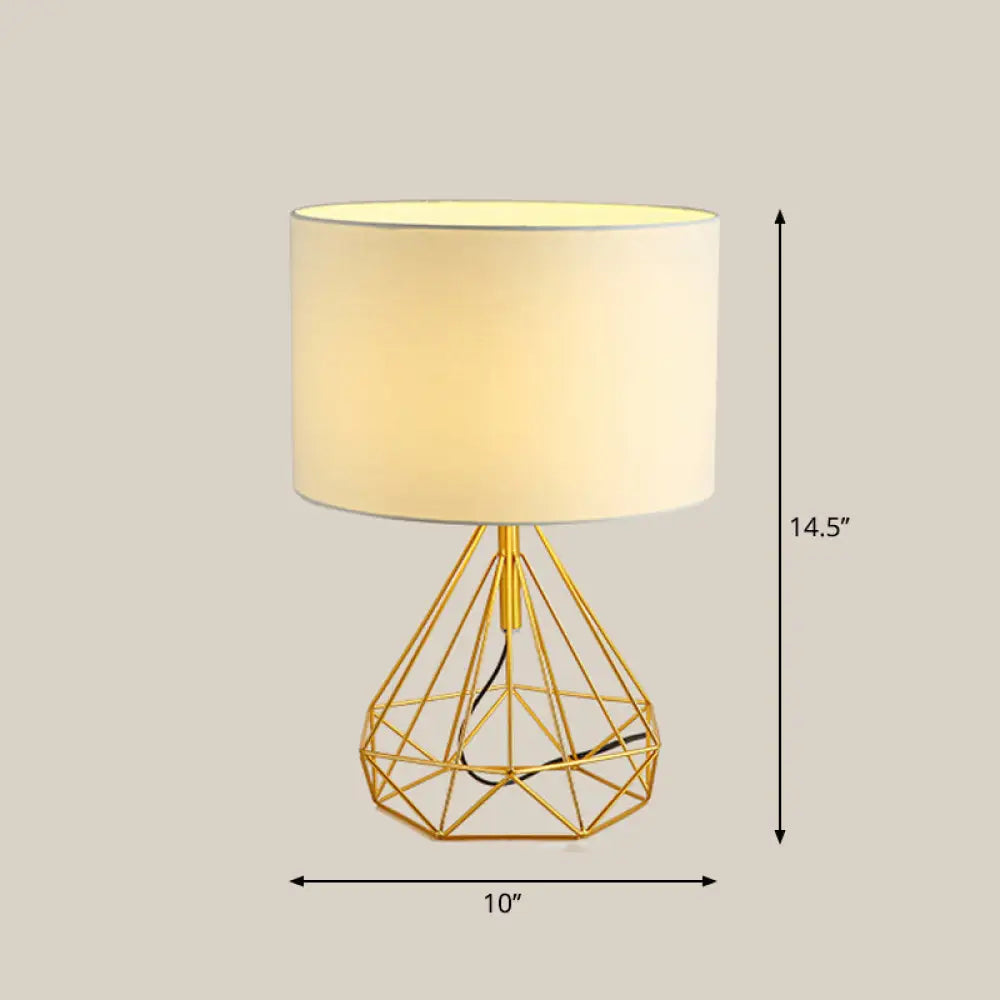 Diamond Cage Bedside Table Lamp - Metallic Finish Minimalist Design And Drum Fabric Shade Gold