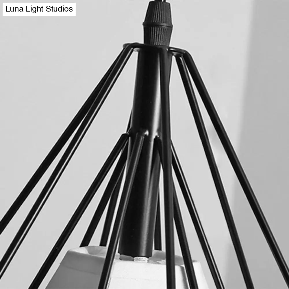 Diamond Cage Hanging Light With Metallic Staircase Design - Black Pendant Inner Cone Shade