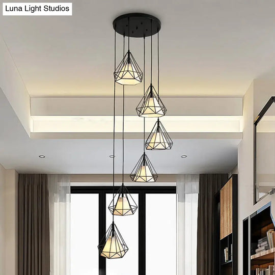 Simplicity Diamond Cage Hanging Light: Metallic Staircase Multi-Light Pendant In Black With Inner