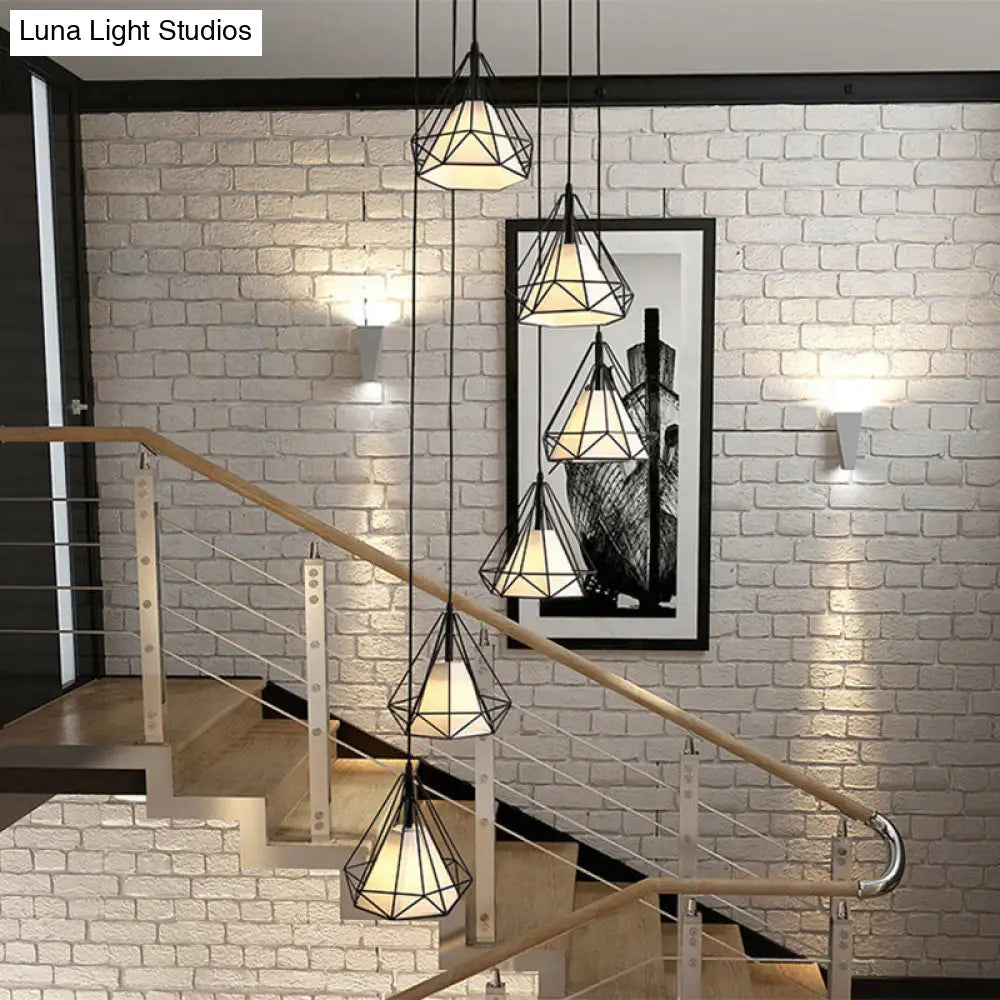 Simplicity Diamond Cage Hanging Light: Metallic Staircase Multi-Light Pendant In Black With Inner