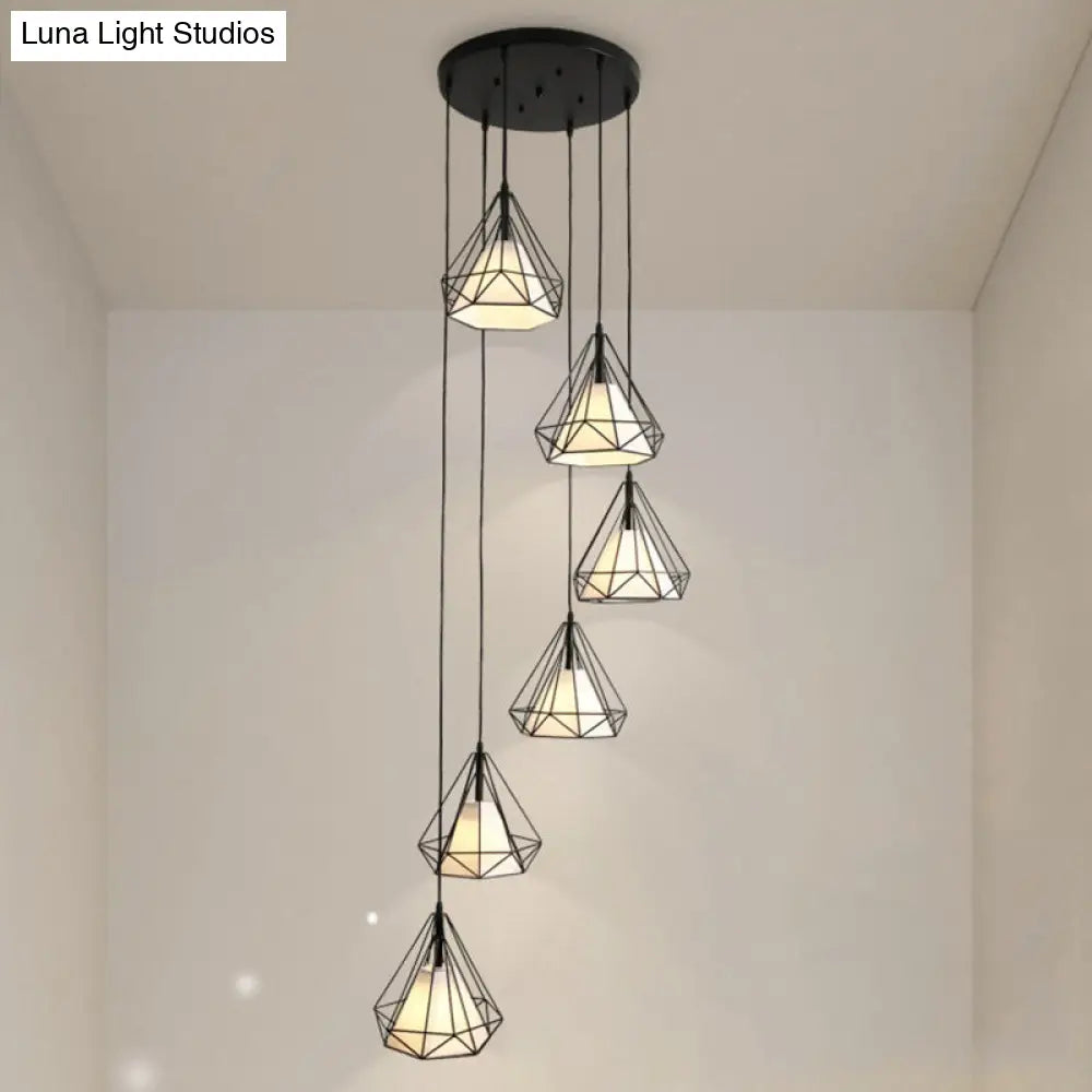 Diamond Cage Hanging Light With Metallic Staircase Design - Black Pendant Inner Cone Shade