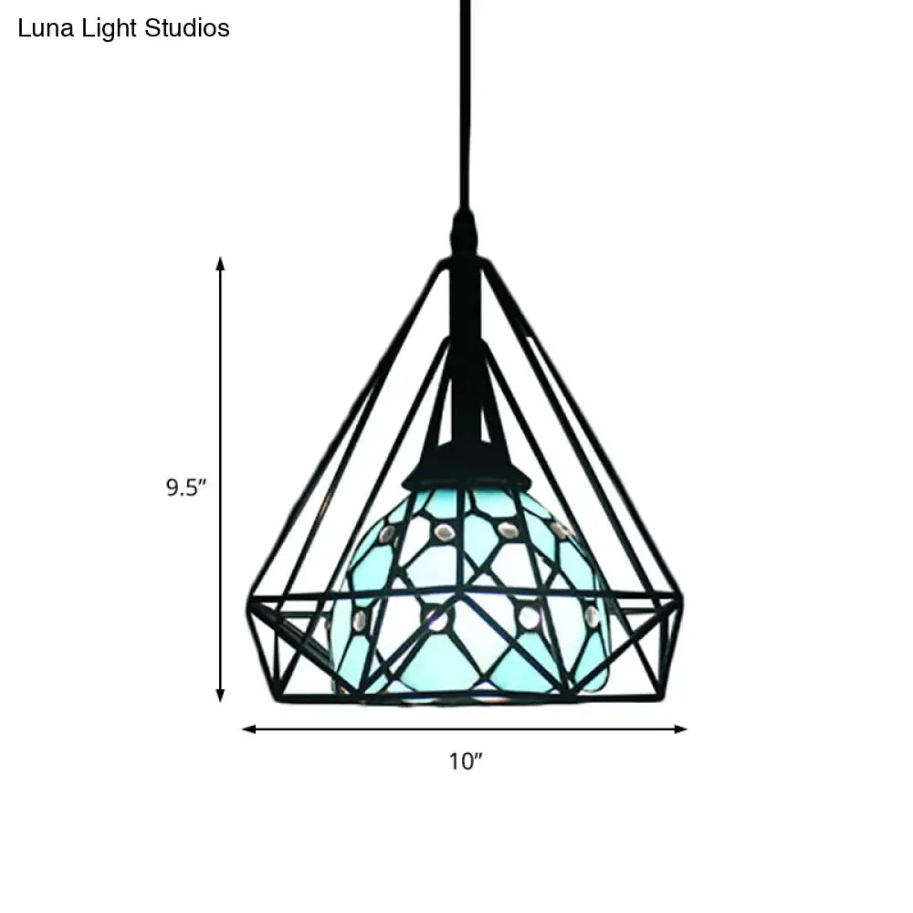 Diamond Cage Hanging Pendant Light With Tiffany Style Blue/White Dome Shade