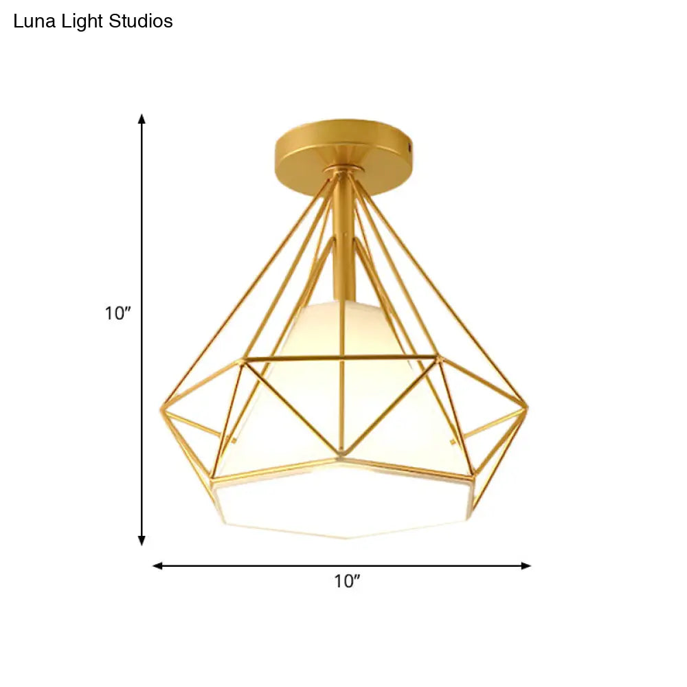 Diamond-Cage Industrial Bedroom Pendant Light - Vintage Gold Semi Flush Mount Ceiling Fixture