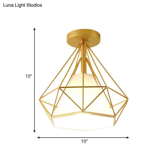 Diamond-Cage Industrial Bedroom Pendant Light - Vintage Gold Semi Flush Mount Ceiling Fixture