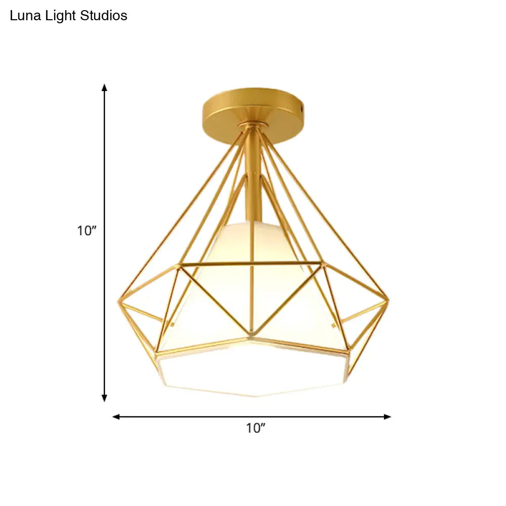 Diamond - Cage Industrial Bedroom Pendant Light - Vintage Gold Semi Flush Mount Ceiling Fixture