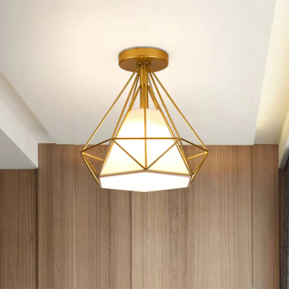 Diamond - Cage Industrial Bedroom Pendant Light - Vintage Gold Semi Flush Mount Ceiling Fixture