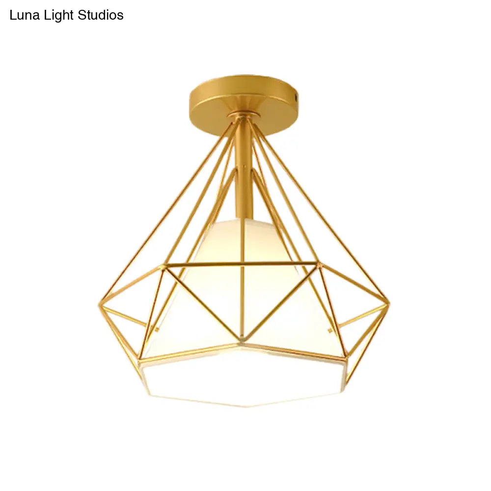 Diamond - Cage Industrial Bedroom Pendant Light - Vintage Gold Semi Flush Mount Ceiling Fixture