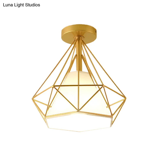 Diamond - Cage Industrial Bedroom Pendant Light - Vintage Gold Semi Flush Mount Ceiling Fixture