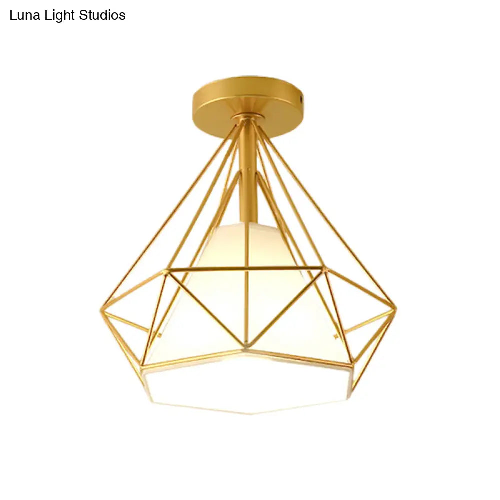 Diamond-Cage Industrial Bedroom Pendant Light - Vintage Gold Semi Flush Mount Ceiling Fixture