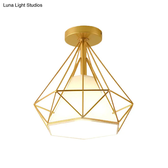 Diamond-Cage Industrial Bedroom Pendant Light - Vintage Gold Semi Flush Mount Ceiling Fixture