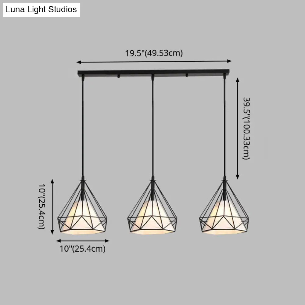 Diamond Cage Multi-Pendant Industrial Ceiling Light With 3 Hanging Lights For Hallway