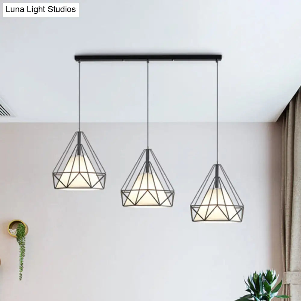 Diamond Cage Multi-Pendant Industrial Ceiling Light With 3 Hanging Lights For Hallway