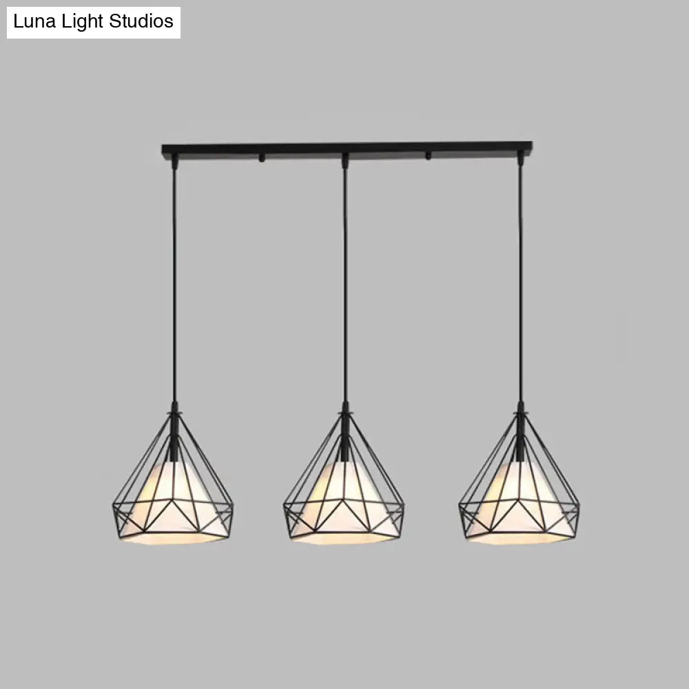 Diamond Cage Multi-Pendant Industrial Ceiling Light With 3 Hanging Lights For Hallway Black / Linear