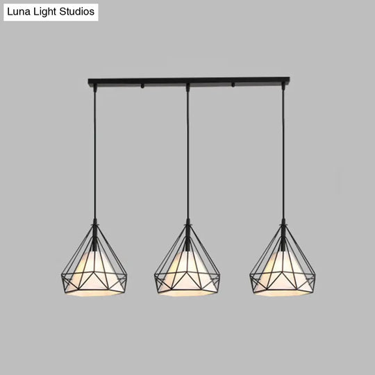 Diamond Cage Multi-Pendant Industrial Ceiling Light With 3 Hanging Lights For Hallway Black / Linear