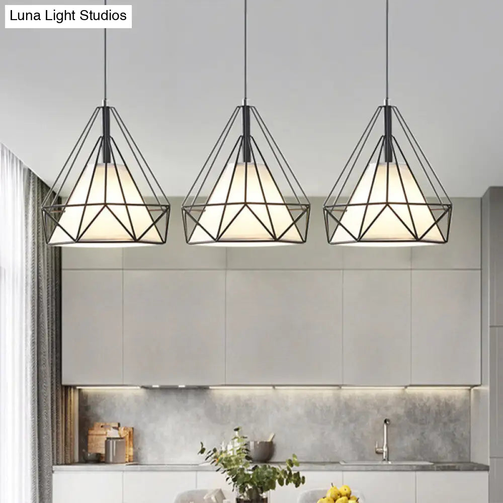 Diamond Cage Multi-Pendant Industrial Ceiling Light With 3 Hanging Lights For Hallway