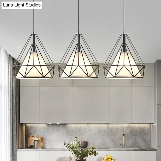 Diamond Cage Multi-Pendant Industrial Ceiling Light With 3 Hanging Lights For Hallway