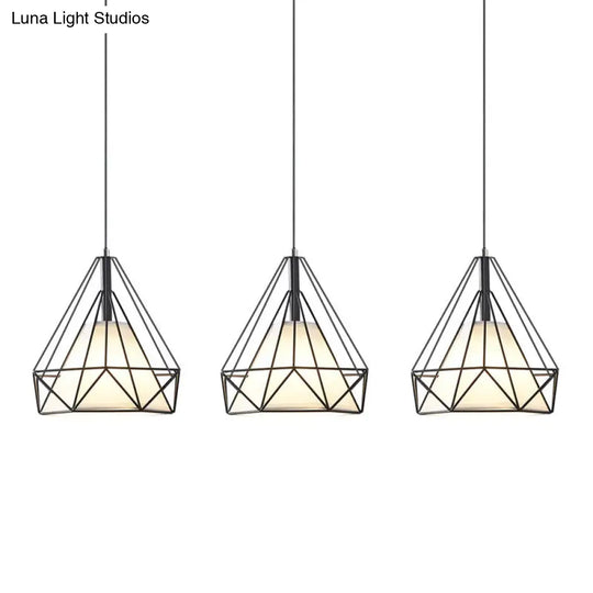 Diamond Cage Multi-Pendant Industrial Ceiling Light With 3 Hanging Lights For Hallway