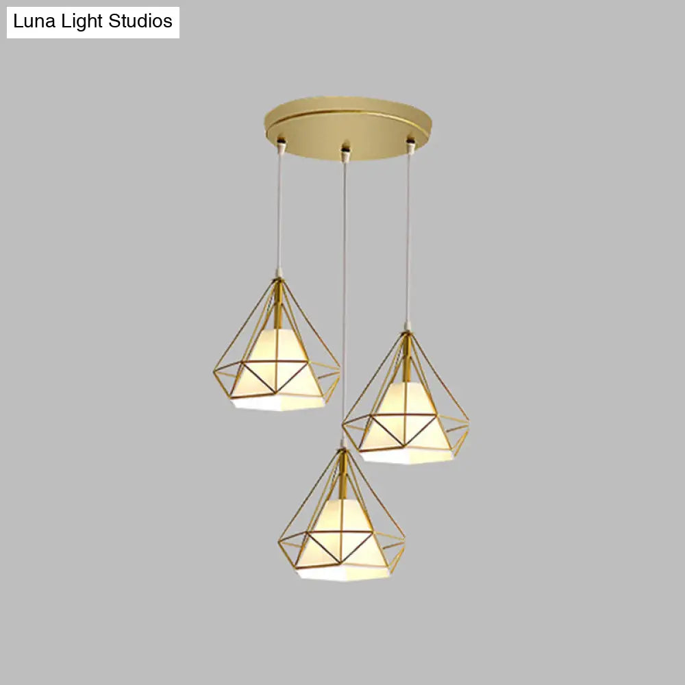 Diamond Cage Multi-Pendant Industrial Ceiling Light With 3 Hanging Lights For Hallway Gold / Round