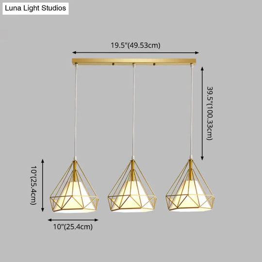 Diamond Cage Industrial Ceiling Light With 3 Multi Pendants And Hanging Cord For Hallway