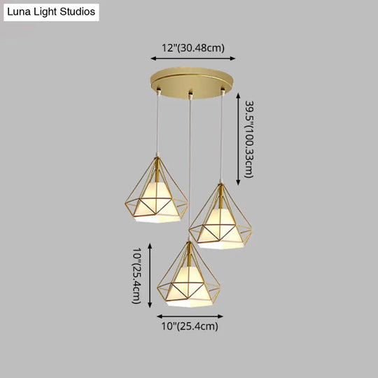 Diamond Cage Multi-Pendant Industrial Ceiling Light With 3 Hanging Lights For Hallway