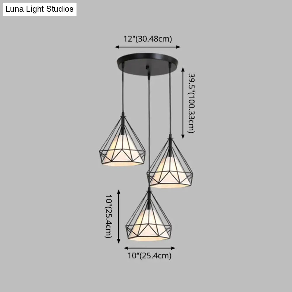 Diamond Cage Industrial Ceiling Light With 3 Multi Pendants And Hanging Cord For Hallway