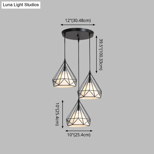 Diamond Cage Industrial Ceiling Light With 3 Multi Pendants And Hanging Cord For Hallway