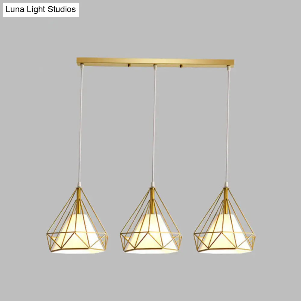 Diamond Cage Multi-Pendant Industrial Ceiling Light With 3 Hanging Lights For Hallway Gold / Linear