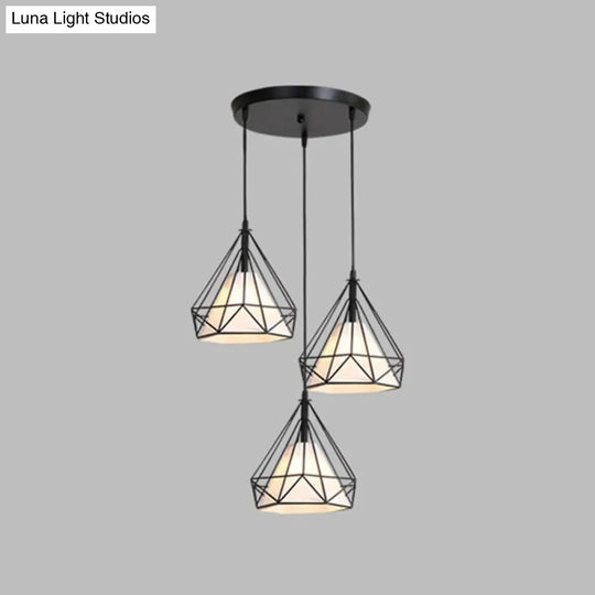 Diamond Cage Multi-Pendant Industrial Ceiling Light With 3 Hanging Lights For Hallway Black / Round