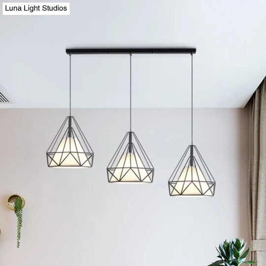 Diamond Cage Industrial Ceiling Light With 3 Multi Pendants And Hanging Cord For Hallway