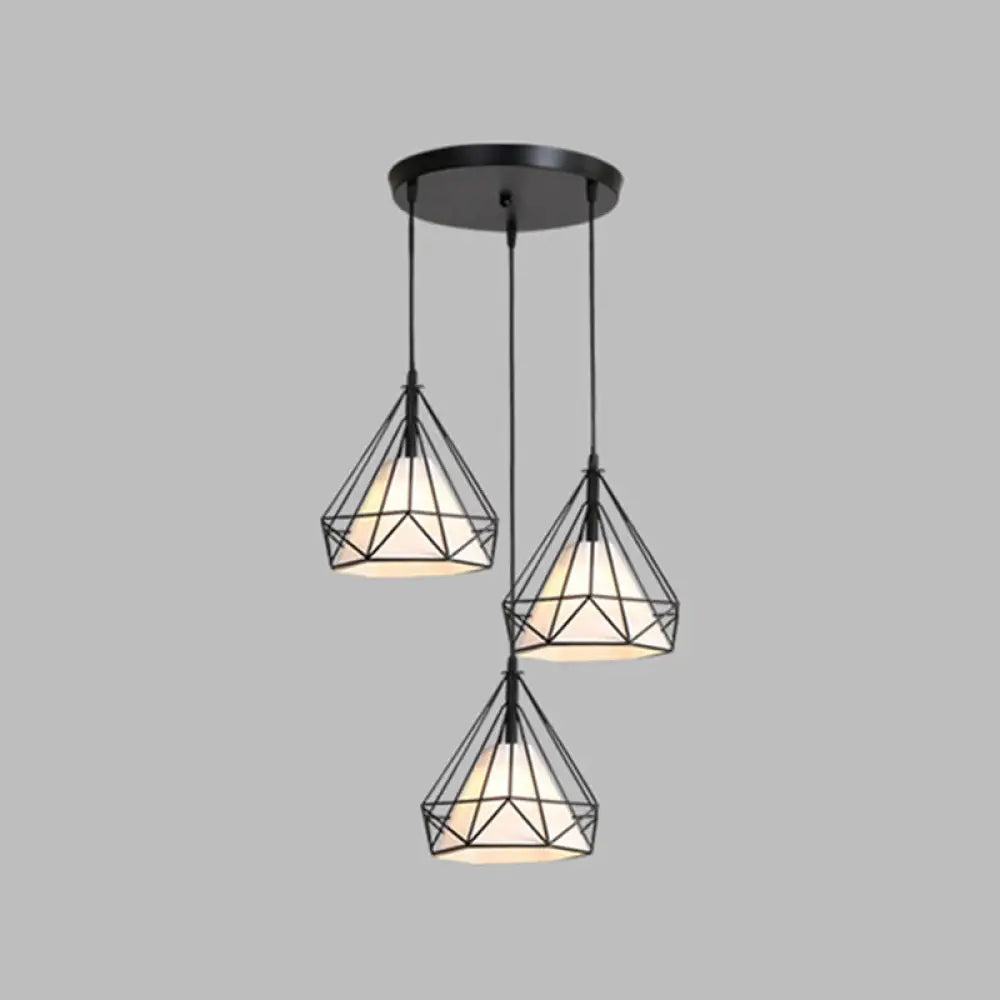 Diamond Cage Industrial Ceiling Light With 3 Multi Pendants And Hanging Cord For Hallway Black /