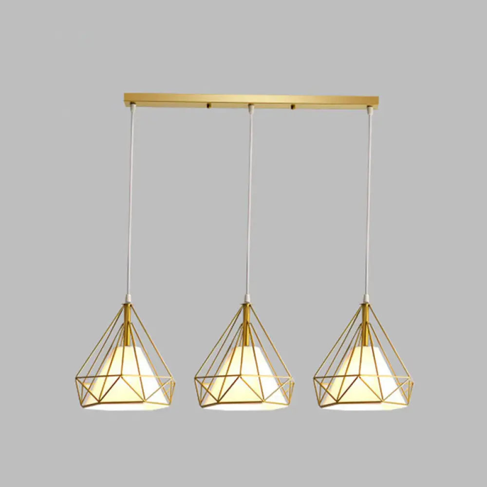 Diamond Cage Industrial Ceiling Light With 3 Multi Pendants And Hanging Cord For Hallway Gold /